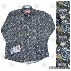 7 Downie St. Mexican Skull Long-Sleeve Button-Down Shirt sz 4 M 16”